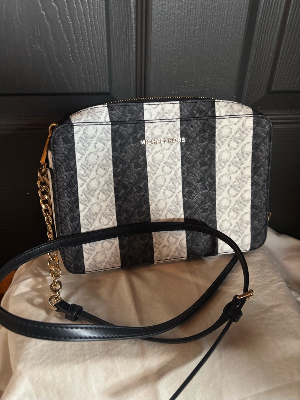 Michael Kors Black and White Striped Logo Crossbody